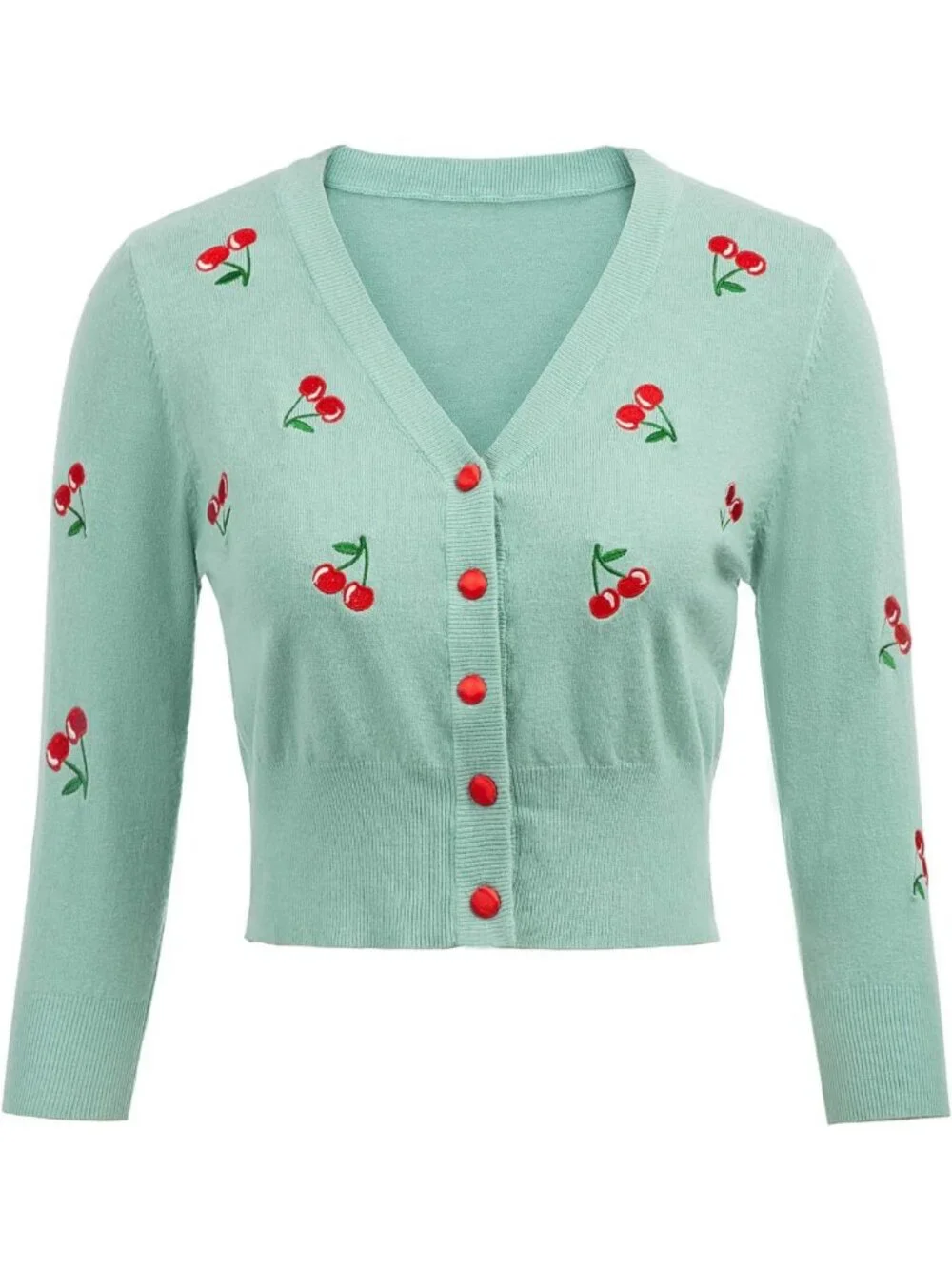 Chic 3/4 Sleeve V-Neck Button Down Cropped Cardigan with Cherry Embroidery